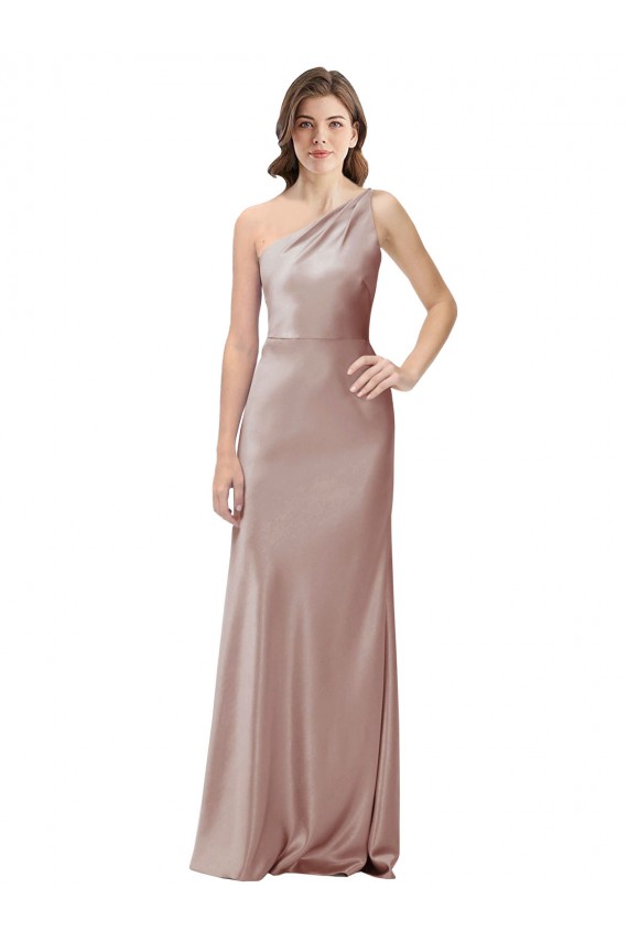 Rosa empolvado Cubierta Un Hombre Satén elástico Largo Formales Vestidos de dama de honor / Vestidos de fiesta Asequibles