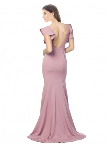 Rosa empolvado Sirena Cuello redondo Barrer tren Crepé Elástico Largo Formales Vestidos de dama de honor / Vestidos de fiesta