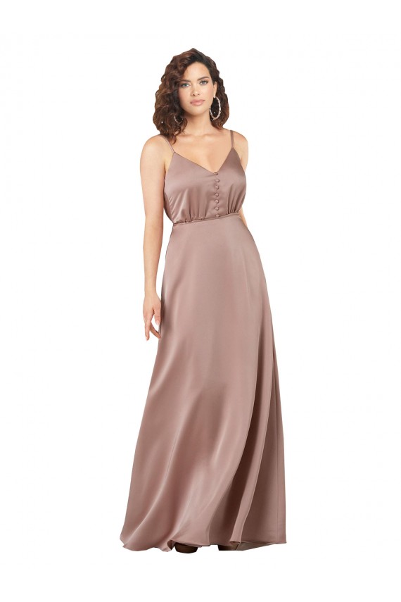 Rosa empolvado línea A Cuello en V Cuello de Corazón Satén sedoso Largo Formales Vestidos de dama de honor / Vestidos de noche Asequibles