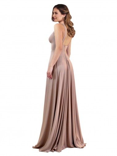 Rosa empolvado línea A Cuello en V Spandex Largo Formales Vestidos de dama de honor / Vestidos de fiesta