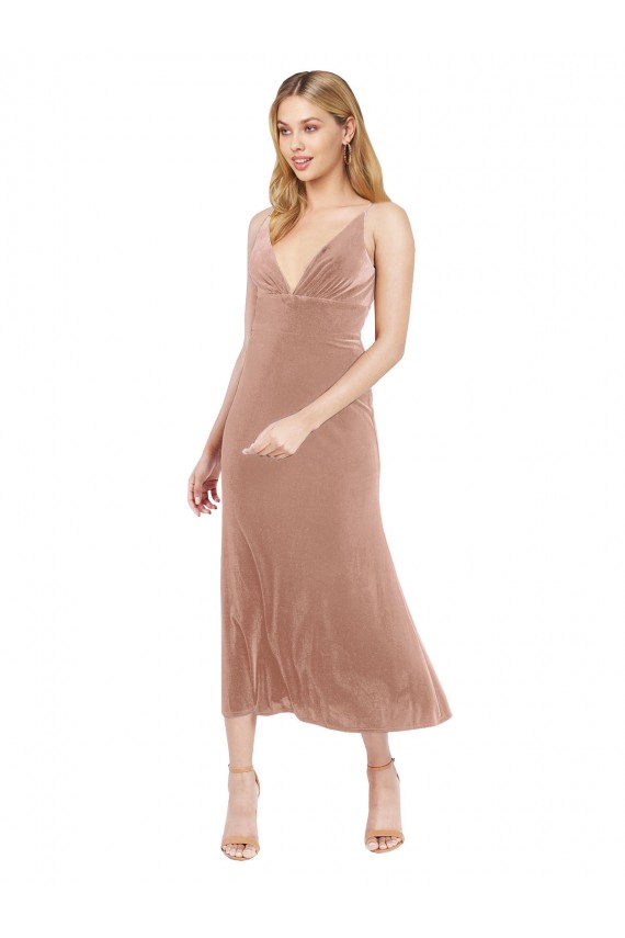 Rosa línea A Cuello en V Midi Terciopelo Elástico Corto Vestidos de dama de honor / Vestidos de fiesta / Vestidos de cóctel Asequibles