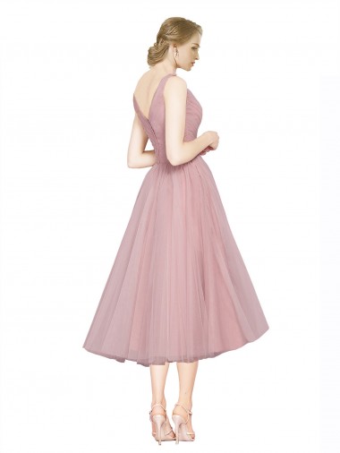 Rosa línea A Cuello en V Tul Corto Vestidos de dama de honor / Vestidos de cóctel / Vestidos para homecoming
