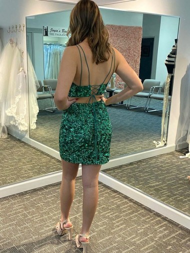 Trébol Verde Cubierta Cuello en V Corto Lentejuelas Terciopelo Corto Vestidos de fiesta