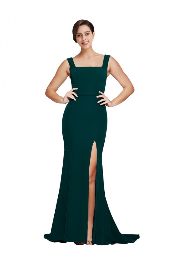 Verde Midnight Cubierta Cuadrado Barrer tren Crepé Elástico Largo Vestidos de dama de honor / Vestidos de fiesta Asequibles