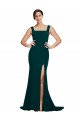 Verde Midnight Cubierta Cuadrado Barrer tren Crepé Elástico Largo Vestidos de dama de honor / Vestidos de fiesta Asequibles
