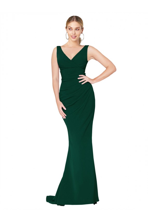 Verde Midnight Sirena Cuello en V Cuello Alto Crepé Elástico Largo Formales Vestidos de dama de honor / Vestidos de fiesta Asequibles