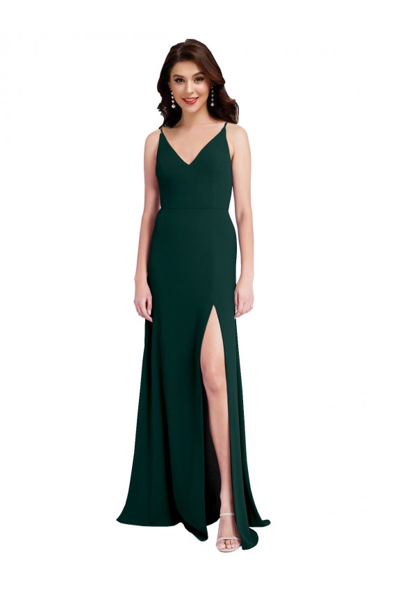 Verde Midnight línea A Cuello en V Crepé Elástico Largo Formales Vestidos de dama de honor / Vestidos de fiesta Asequibles