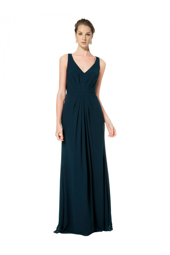 Verde Midnight línea A Cuello en V Gasa Largo Vestidos de dama de honor Asequibles