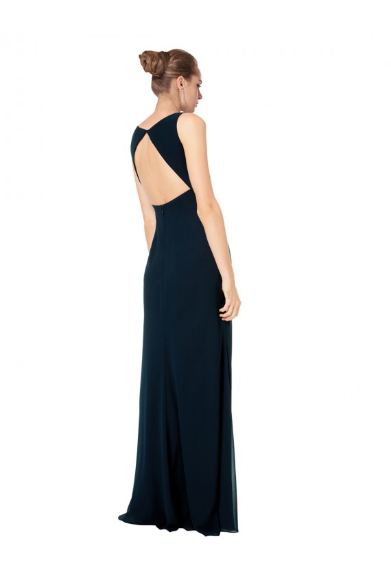 Verde Midnight línea A Cuello en V Gasa Largo Vestidos de dama de honor Asequibles