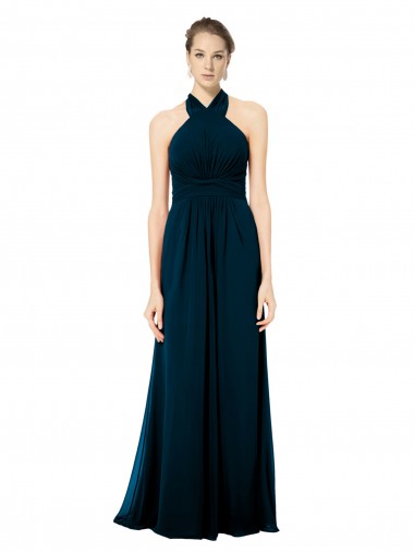 Verde Midnight línea A Halter Gasa Largo Vestidos de dama de honor Asequibles