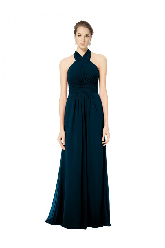 Verde Midnight línea A Halter Gasa Largo Vestidos de dama de honor Asequibles