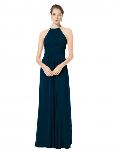 Verde Midnight línea A Tirantes espagueti Halter Gasa Largo Vestidos de dama de honor Asequibles