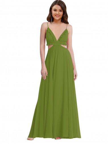 Verde Oliva línea A Cuello en V Gasa Largo Vestidos de dama de honor Asequibles
