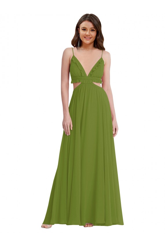 Verde Oliva línea A Cuello en V Gasa Largo Vestidos de dama de honor Asequibles