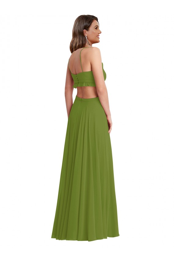 Verde Oliva línea A Cuello en V Gasa Largo Vestidos de dama de honor Asequibles