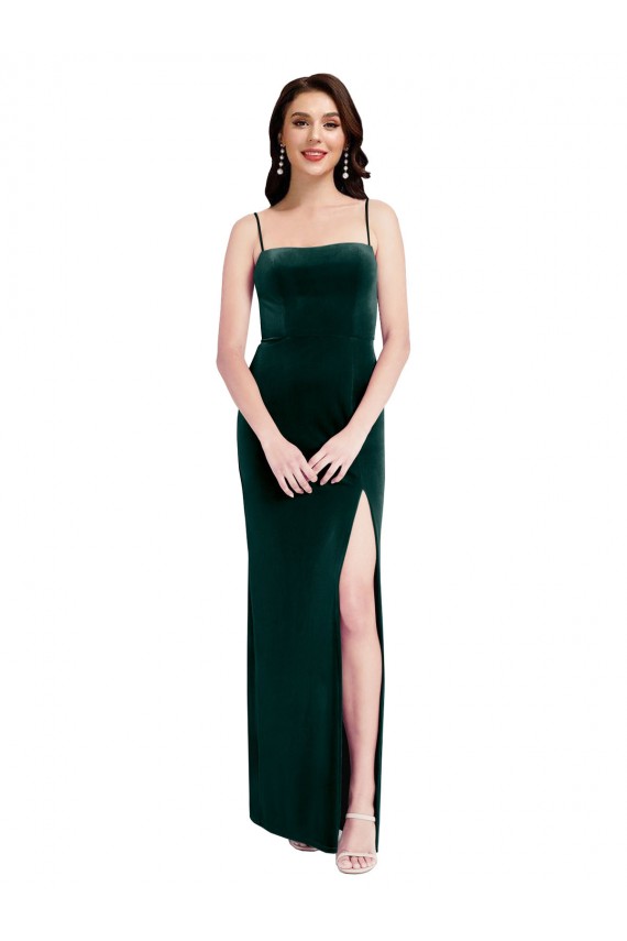 Verde oscuro Cubierta Tirantes espagueti Cuadrado Terciopelo Elástico Largo Vestidos de dama de honor / Vestidos de fiesta Asequibles