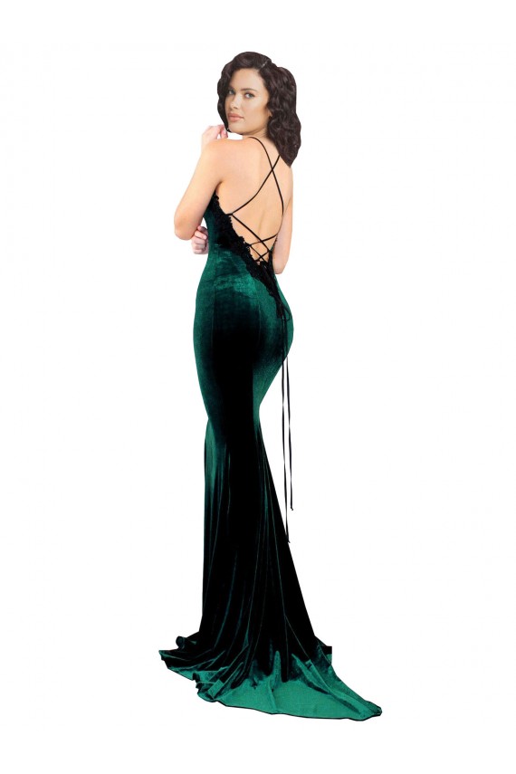 Verde oscuro Sirena Cuello Alto Barrer tren Terciopelo Elástico Largo Formales Vestidos de dama de honor / Vestidos de fiesta Asequibles