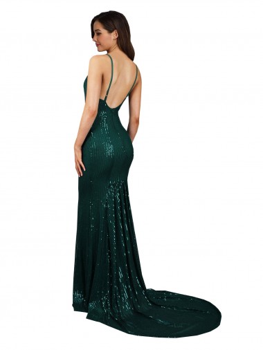 Verde oscuro Sirena Cuello en V Lentejuela Largo Formales Vestidos de dama de honor / Vestidos de fiesta