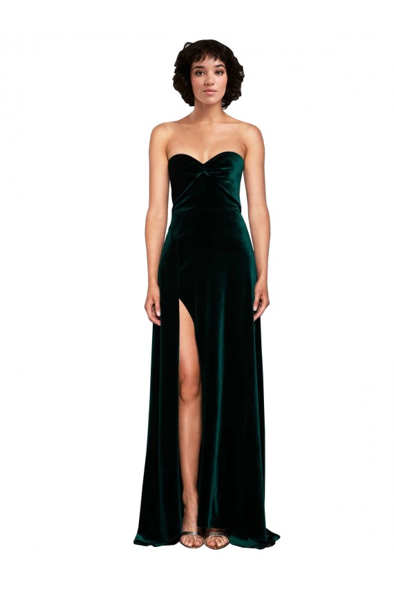 Verde oscuro línea A Cuello de Corazón Barrer tren Terciopelo Elástico Largo Vestidos de dama de honor / Vestidos de fiesta Asequibles