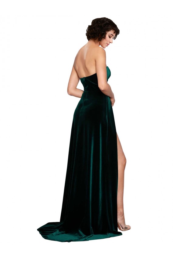 Verde oscuro línea A Cuello de Corazón Barrer tren Terciopelo Elástico Largo Vestidos de dama de honor / Vestidos de fiesta Asequibles
