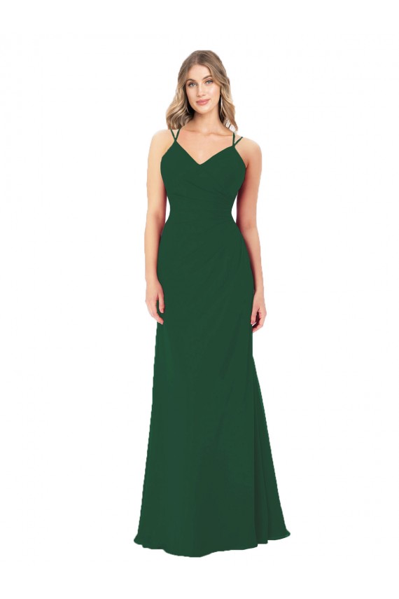 Verde oscuro línea A Cuello en V Cuello de Corazón Gasa Largo Vestidos de dama de honor Asequibles