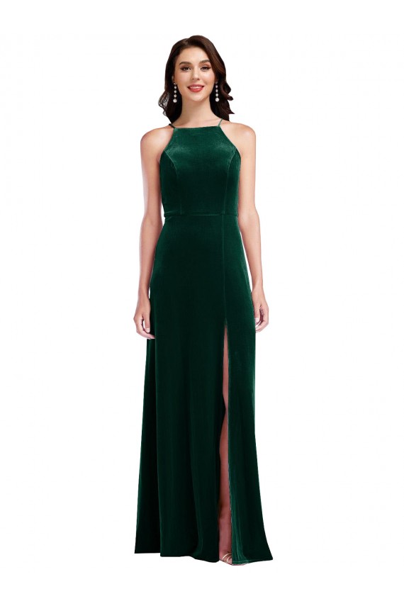 Verde oscuro línea A Halter Cuello Alto Terciopelo Elástico Largo Vestidos de dama de honor / Vestidos de fiesta Asequibles