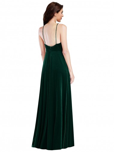 Verde oscuro línea A Halter Cuello Alto Terciopelo Elástico Largo Vestidos de dama de honor / Vestidos de fiesta