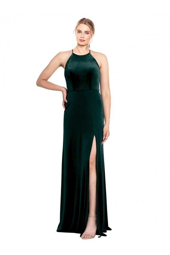 Verde oscuro línea A Tirantes espagueti Cuello joya Terciopelo Elástico Largo Vestidos de dama de honor / Vestidos de fiesta Asequibles