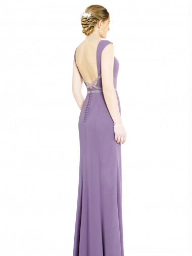 lavanda oscura línea A Cuello Barco Cuello Alto Gasa Largo Vestidos de dama de honor