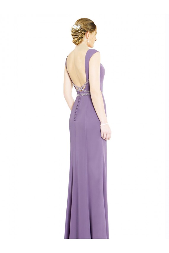 lavanda oscura línea A Cuello Barco Cuello Alto Gasa Largo Vestidos de dama de honor Asequibles