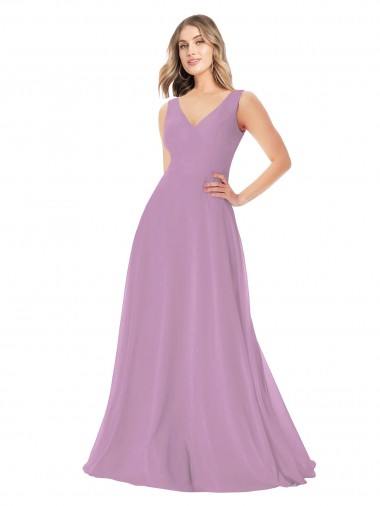 lavanda oscura línea A Cuello en V Gasa Largo Vestidos de dama de honor Asequibles