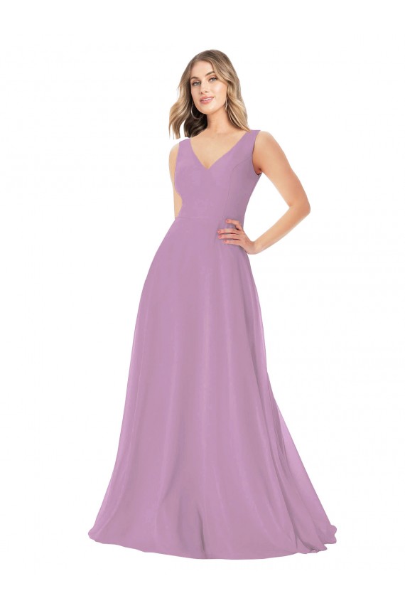 lavanda oscura línea A Cuello en V Gasa Largo Vestidos de dama de honor Asequibles