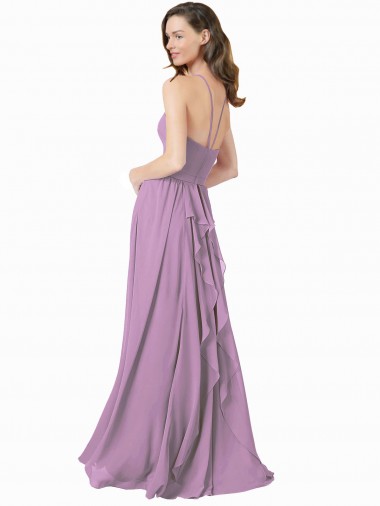 lavanda oscura línea A Halter Gasa Largo Vestidos de dama de honor