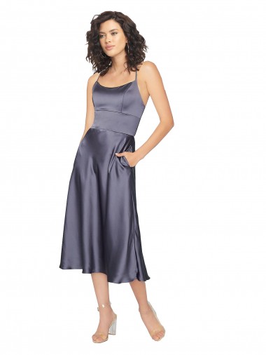 línea A Cucharón Midi Satén sedoso Corto Vestidos de dama de honor / Vestidos de fiesta / Vestidos de cóctel Asequibles