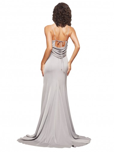 línea A Cuello Alto Barrer tren Satén elástico Largo Formales Vestidos de dama de honor / Vestidos de fiesta